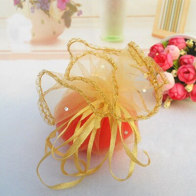 300pcs diameter 26cm gold Round Sachet Organza Bag Drawstrin