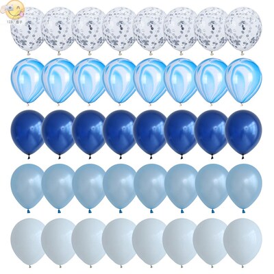 40 Pcs Blue Balloons Set Agate Marble Balloons With Silver C