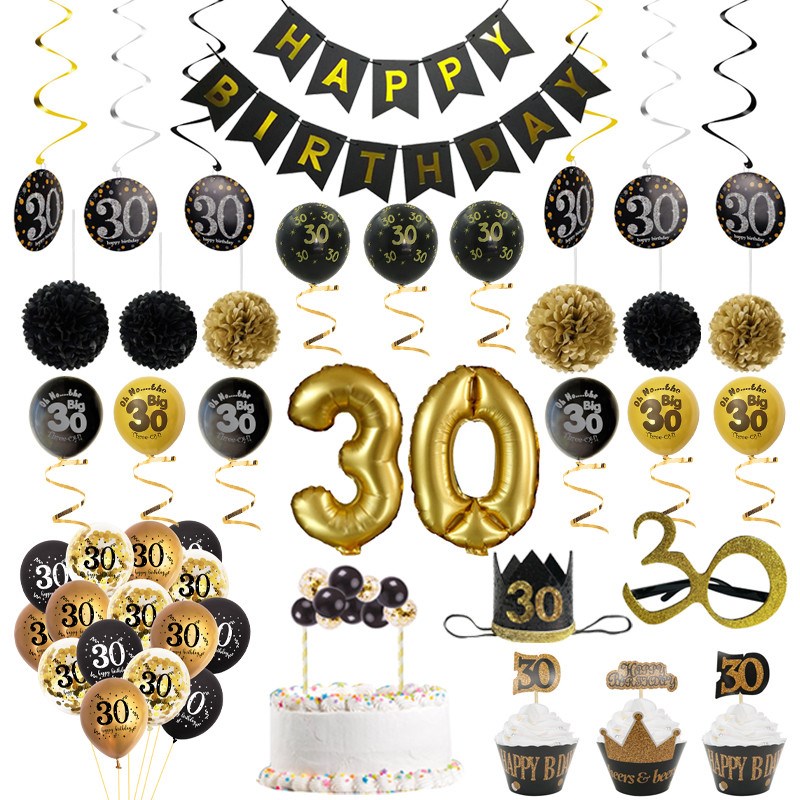 Black Gold 30th Birthday Theme Balloon Banner Sash Cupcake