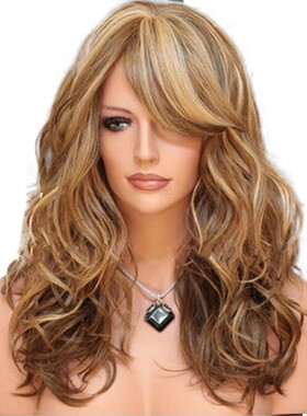 亚马逊wish假发女混金色wighair中长卷发斜刘海化纤头套高温丝
