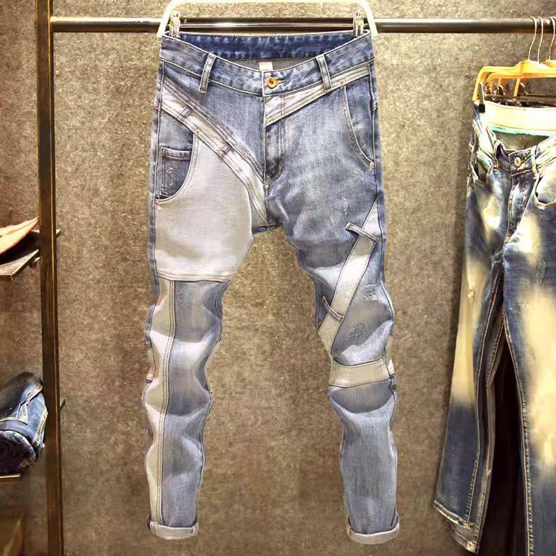 秋冬季弹力拼接牛仔裤痞帅男士潮牌多口袋蓝色撞色男装修身小脚裤,男装,牛仔裤,淘宝优惠券,粉丝福利购,淘宝优惠卷