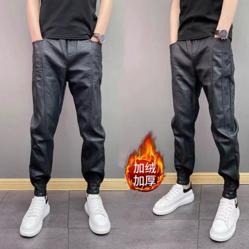 2025秋冬季新款皮裤男土加绒加厚防风防水外卖骑行机车保暖小脚裤