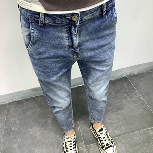 牛仔裤男春秋季新款牌韩版百搭弹力微哈伦小脚裤高端修身九分裤子