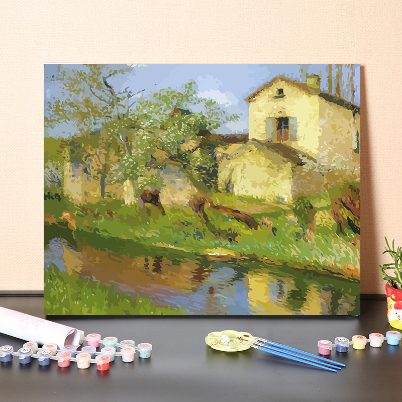 数字油画diy填充印象派画家亨利马丁经典名画农村小屋水城小镇