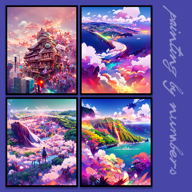 diy数字油画油彩画宿舍挂画ins风漫天彩霞插画手工填充涂鸦装饰画