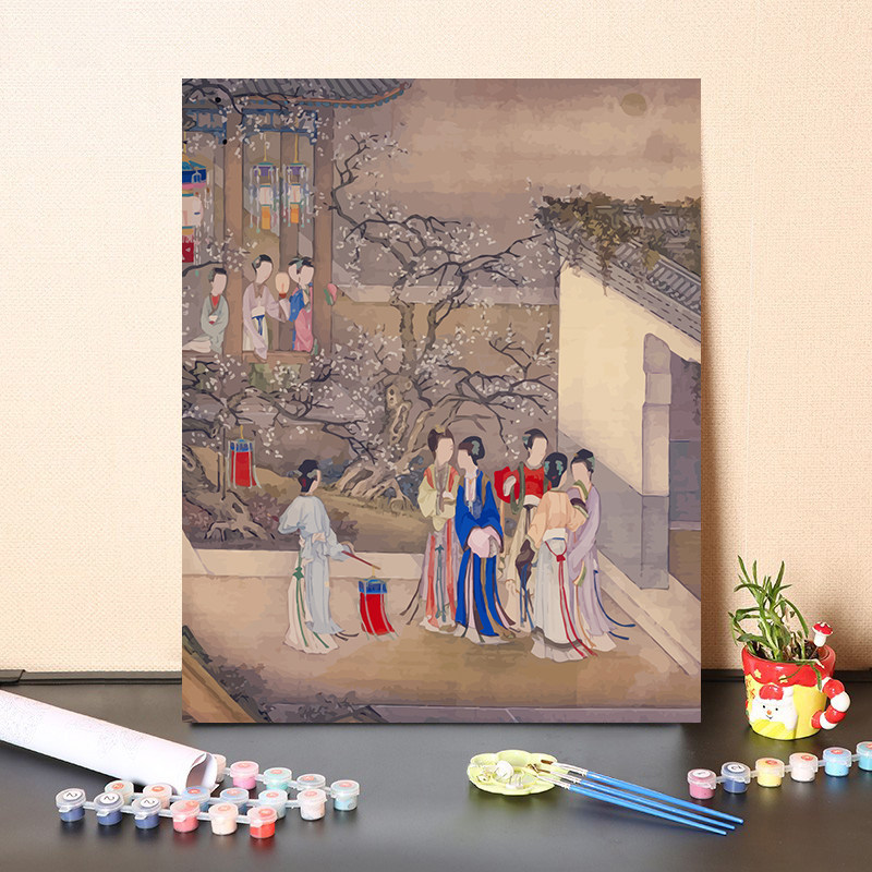 数字油画diy填充名人名画清代画家陈枚山水人物填色涂色画装饰画