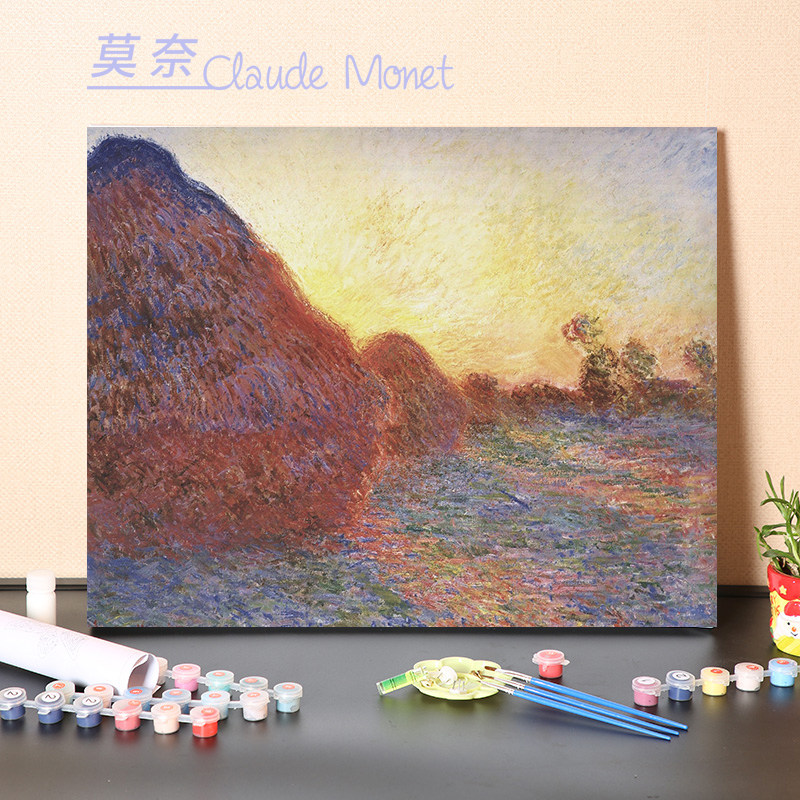 数字油画diy填充名人名画莫奈风景田园草垛像绘画涂色画装饰