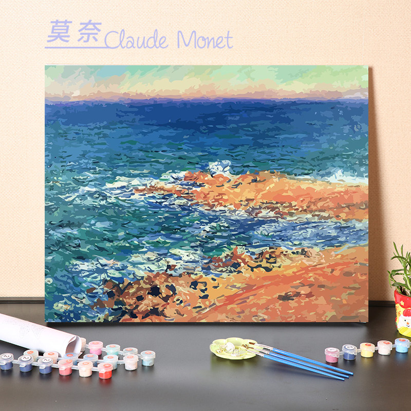 数字油画diy填充名人名画莫奈海景沙滩海岸风景绘画涂色画装饰