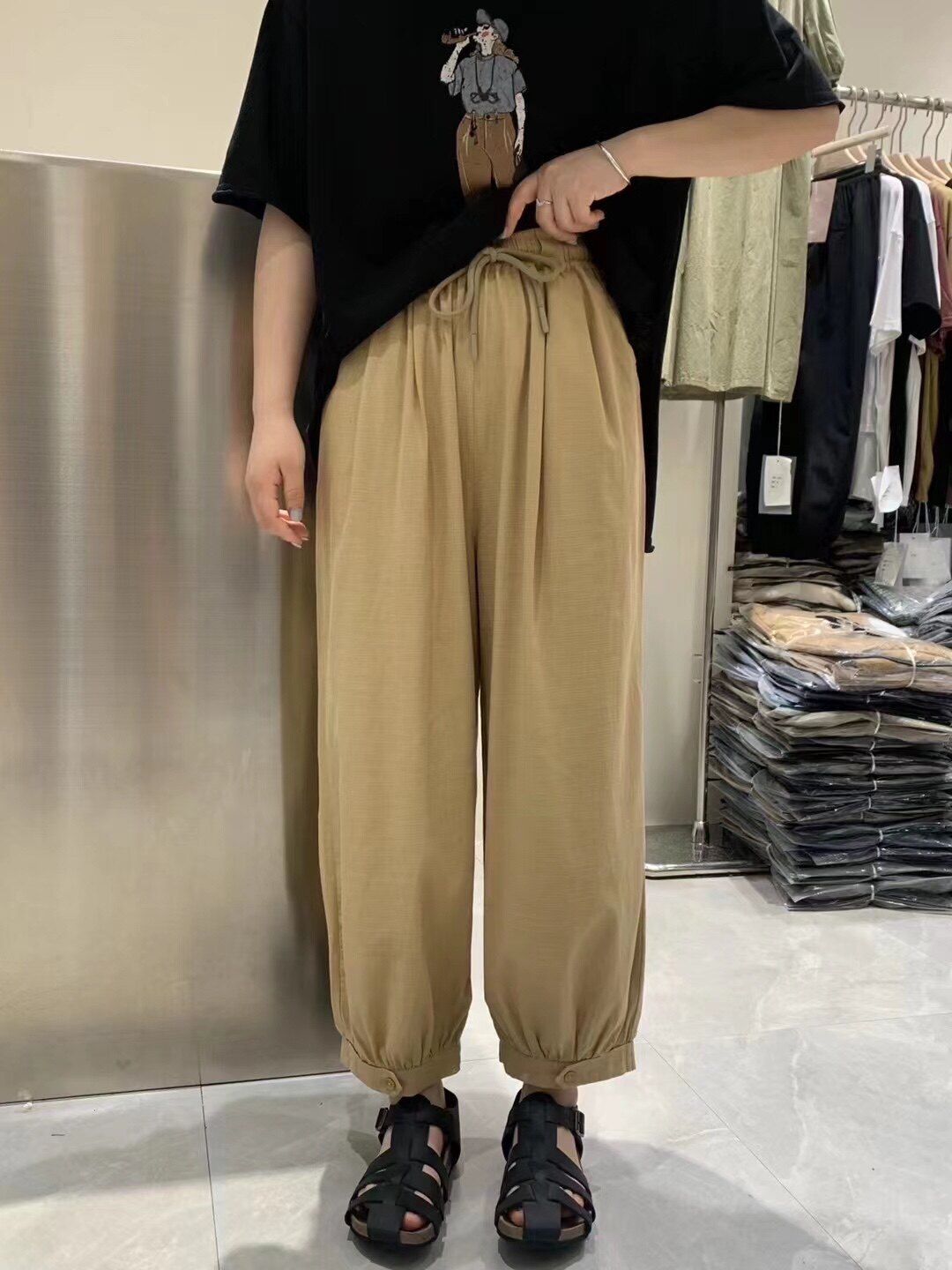 CQ5091杏色休闲萝卜裤女松紧腰薄款九分裤百搭棉麻裤子2022夏季新