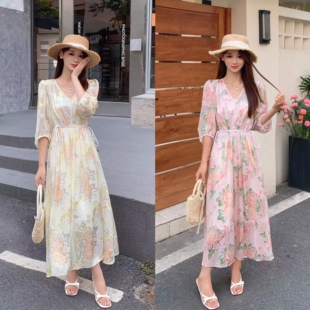 新款 圣雅姿重工提花v领连衣裙女夏季 系带收腰吊带裙两件套长裙子
