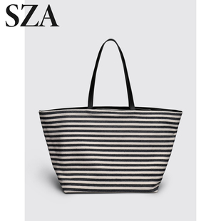 SZA高级感帆布包女大容量通勤百搭托特包小众撞色黑白条纹单肩包