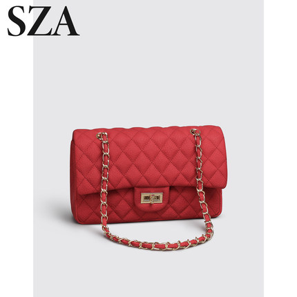SZA红色包包女高级感轻奢小众小香风菱格链条包单肩包结婚新娘包