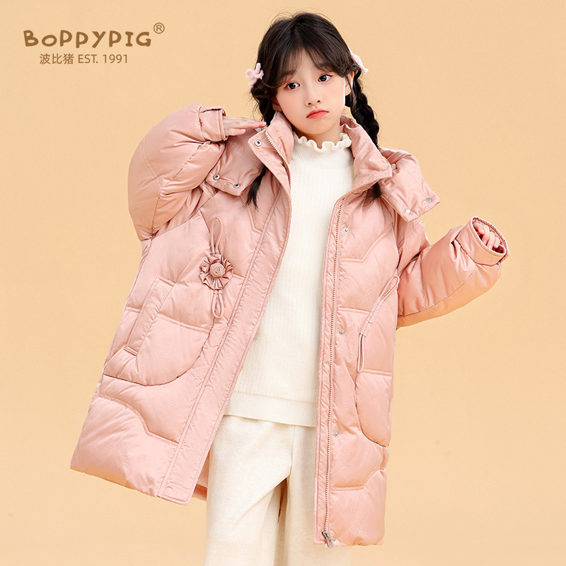 波比豬兒童羽絨服女寶寶冬季新款洋氣毛領(lǐng)大童中長(zhǎng)款加厚親子童裝