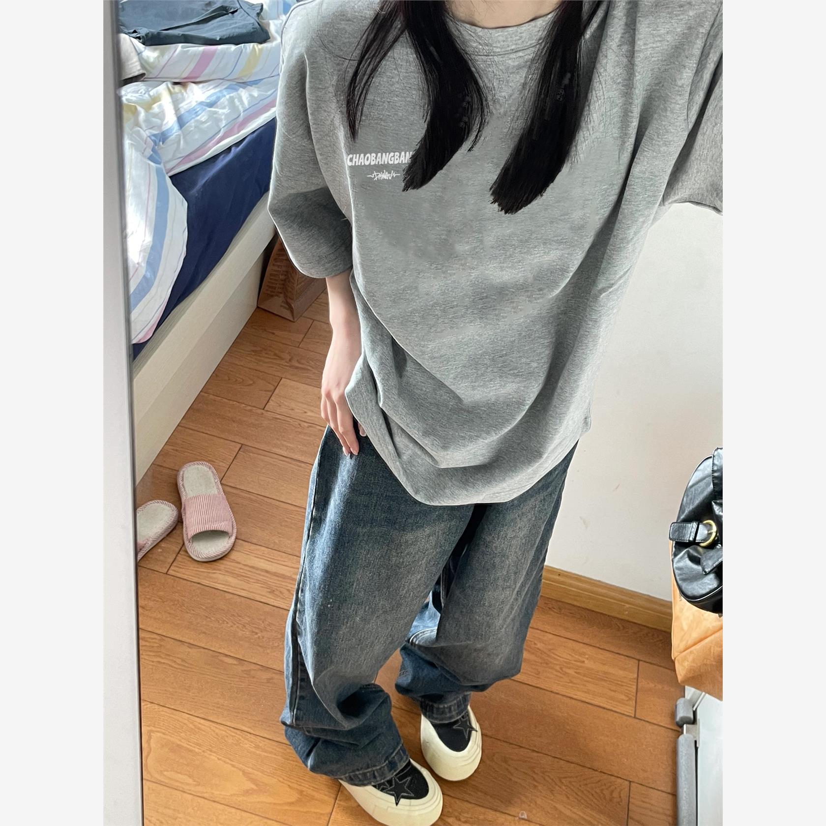 纯棉美式灰色正肩短袖t恤女2025新款爆款夏季宽松半袖设计感上衣