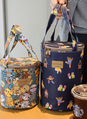 韩国印花防水饭盒袋圆形保温桶包铝箔加厚大容量手提便当包带饭包