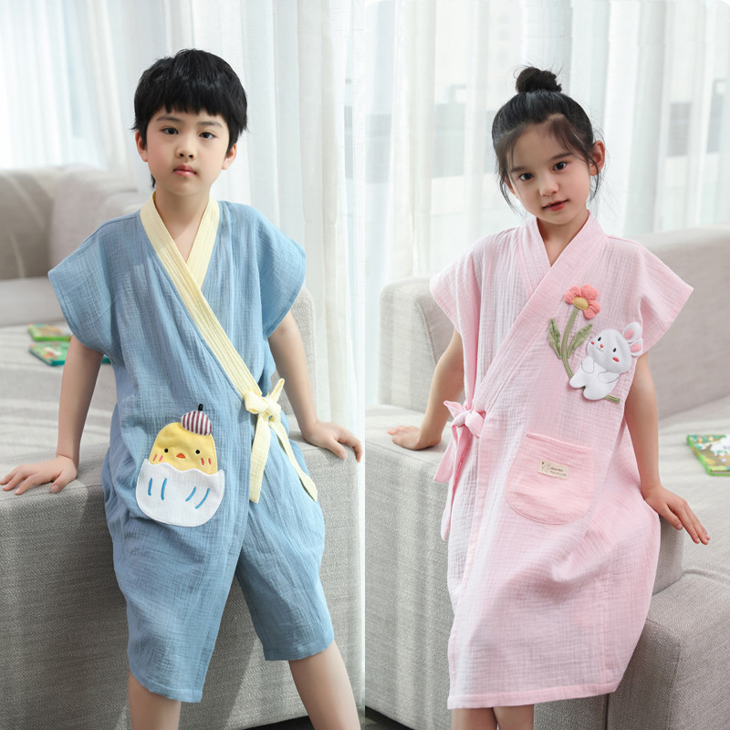 夏季薄款儿童纱布浴巾家用纯棉吸水浴袍男童女孩2023新款全棉可穿