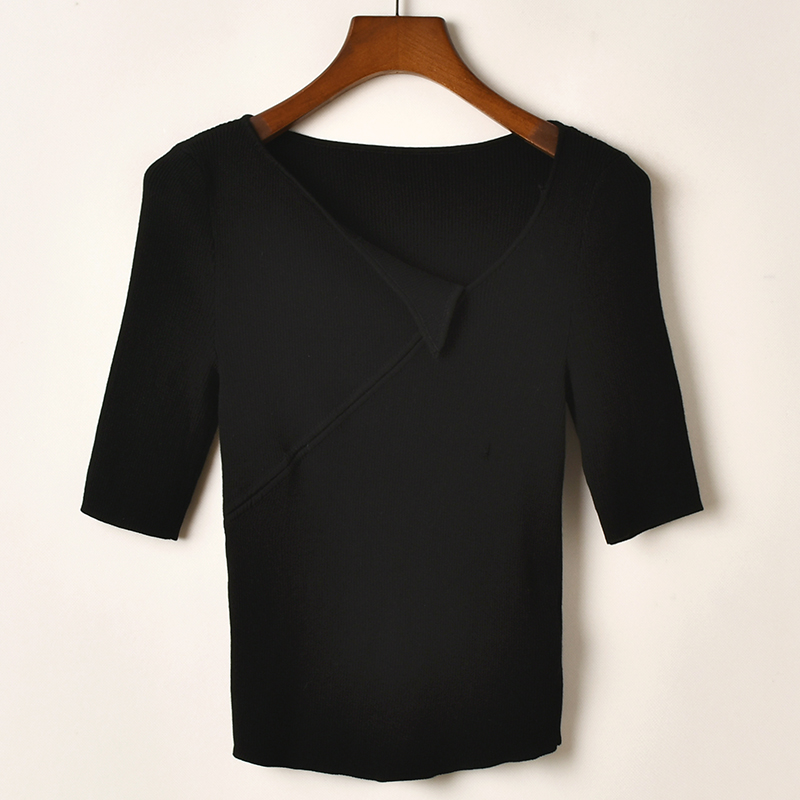 艾诺丝系列韩版百搭修身休闲时尚潮流简约V领短袖针织衫