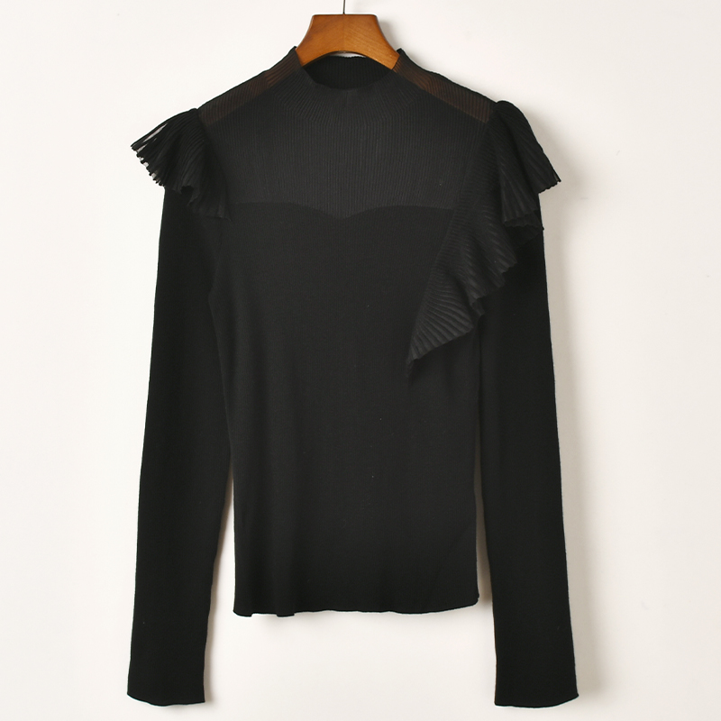 艾诺丝系列黑色半高领毛衣女长袖荷叶边袖修身打底衫洋气针织衫