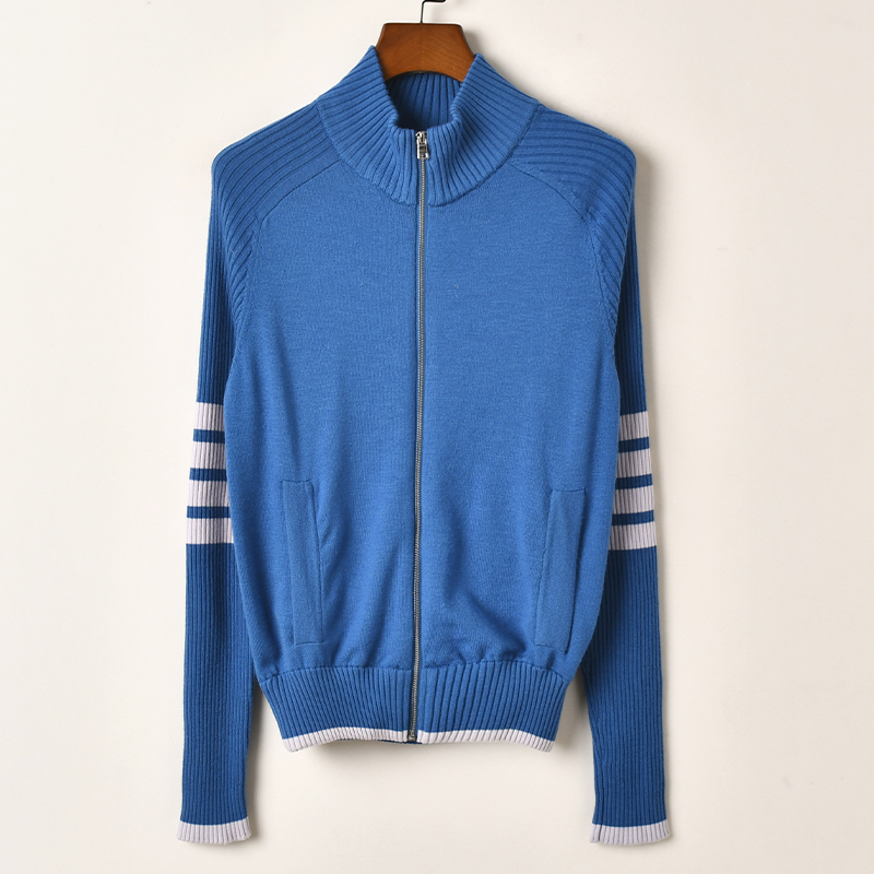 艾诺丝系列复古运动风蓝色拉链针织开衫女立领长袖毛衣外套