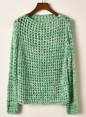 艾诺丝系列慵懒风绿色镂空针织衫女套头毛衣上衣百搭显瘦