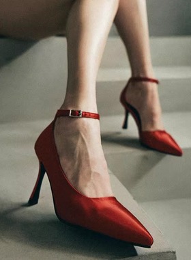 pump爵士丝绸绑带舞蹈鞋红色浅口高跟鞋浅口婚鞋舞鞋短靴heels女