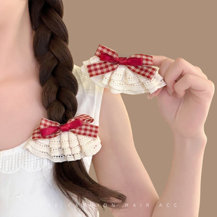 红色格子蝴蝶结裙摆发夹马尾夹一字夹2026新款鸭嘴夹碎发发卡头饰