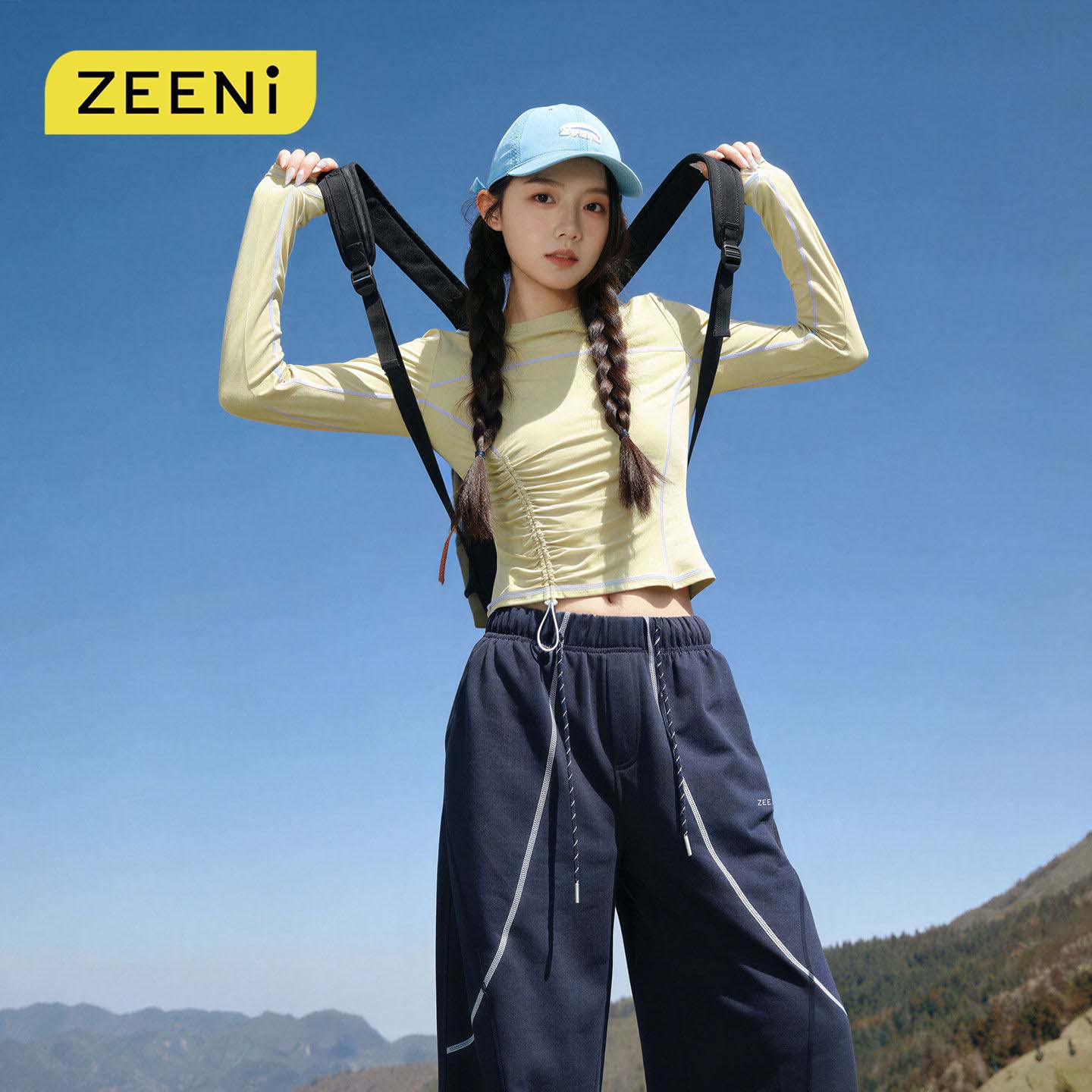 ZEENi积泥 撞色长袖t恤速干衣女秋季工装裤户外徒步休闲运动套装