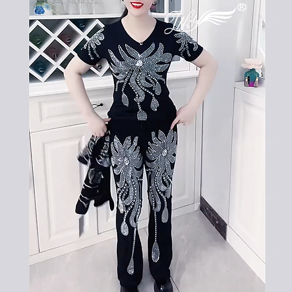 简约休闲气质钉珠亮钻系带两件套