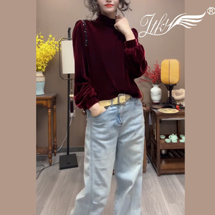 洋气时尚金丝绒打底衫女秋冬季新款 韩版灯笼袖高级感百搭小衫T恤