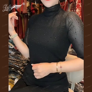 气质显瘦半高领纯色设计感百搭洋气女人味微透上衣亮钻打底衫 新款