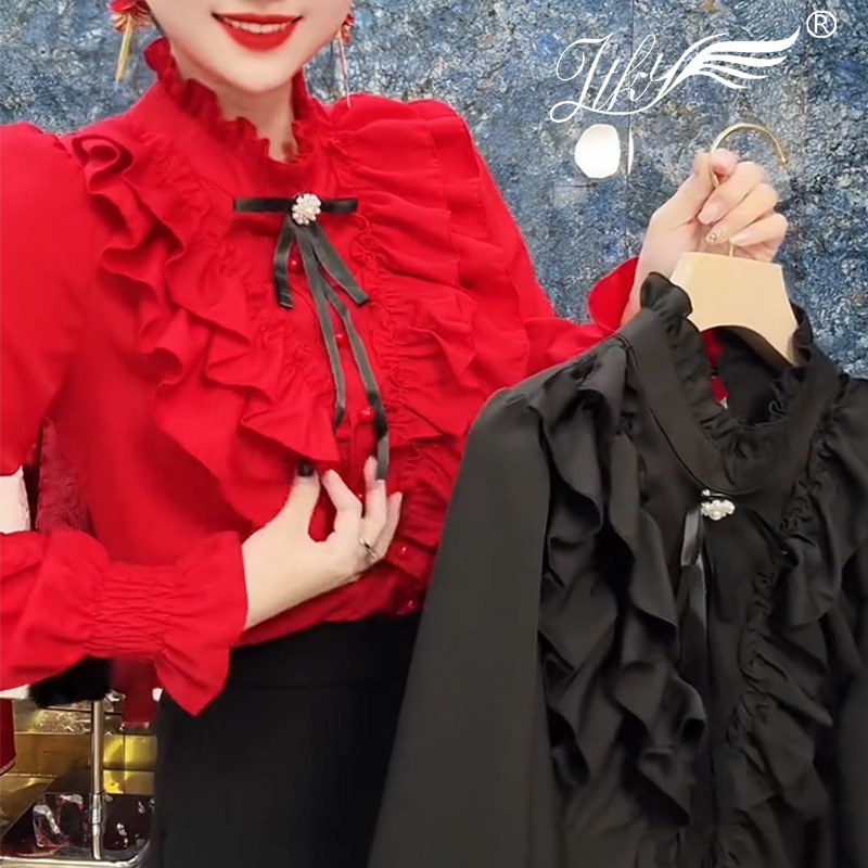 法式木耳边拼接立领衬衫女2025冬季新款时尚甜美减龄洋气长袖小衫