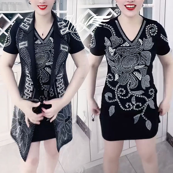 2025新品烫钻钉珠马甲连衣裙套装欧货时尚洋气显瘦气质两件套女装