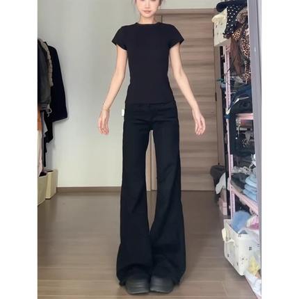 180高个子175加长黑色加绒微喇叭牛仔裤女辣妹低腰修身显瘦喇叭裤