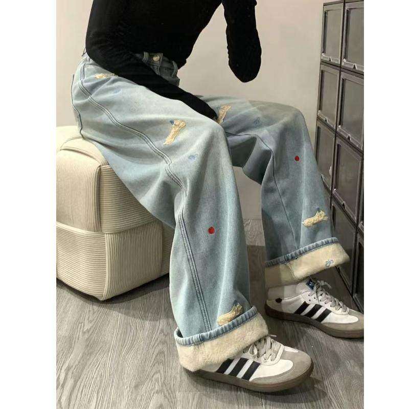 腊肠狗刺绣直筒牛仔裤女