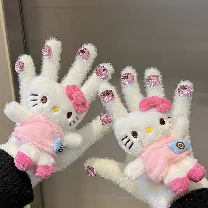 大媛家Sunny 小红书同款kt手套带钻凯蒂猫手套冬季保暖水貂毛可爱