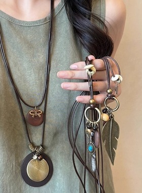 新中式禅意长款毛衣项链女双层复古民族风串珠颈链羽毛锁骨链配饰