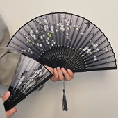 中国风折叠小扇子随身携带古风汉服马面裙舞蹈夏天黑色竹扇带流苏