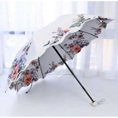 双层女版黑d胶紫外线款太阳伞防晒两用三折遮阳边雨波浪防晴韩伞