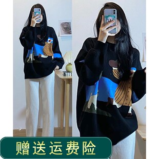 黑色套头毛衣女秋l冬设计感小众韩版软糯慵O懒风内搭打底针织衫加