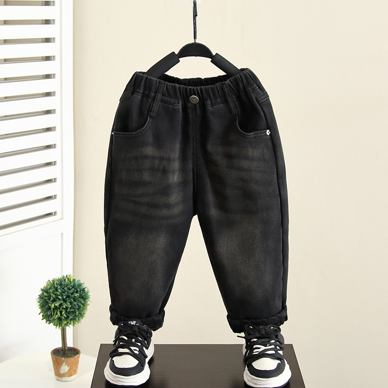 男童加绒牛仔裤秋冬m款2023新款儿童裤子冬季薄绒V休闲裤男孩一体