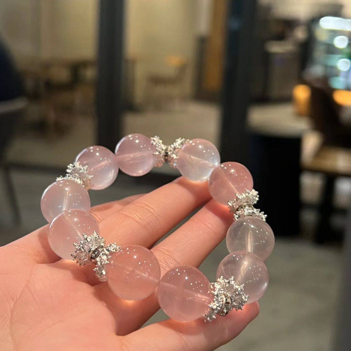 15mm纯天然粉水晶冰透粉大粉球水晶手串手链招桃花招人缘女生礼物