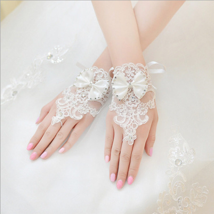 外贸韩式水钻新娘手套蝴蝶结短款露指绑带wedding gloves  bulk