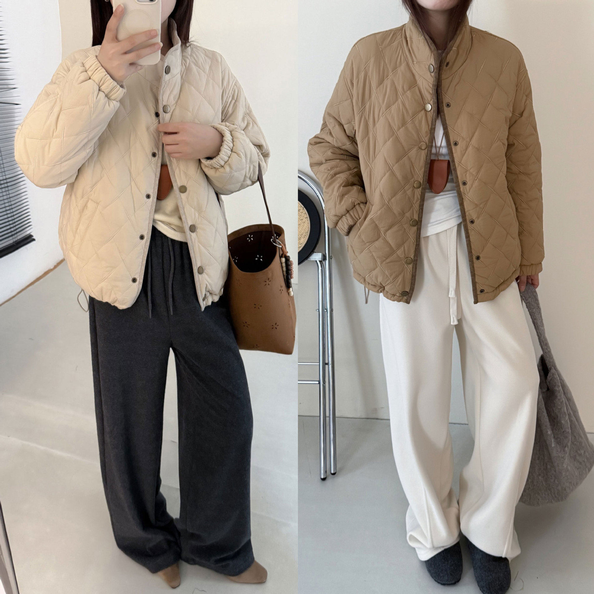 26春新款休闲立领双面穿棉服夹克复古菱格绗缝夹棉短外套