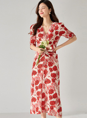 26春季新款法式红色V领泡泡袖收腰松紧抽褶玫瑰印花长款清仓