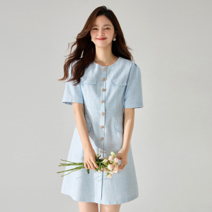 26春季新气质亮色法式显瘦腰小香风高级感短袖收腰中长款连衣裙女