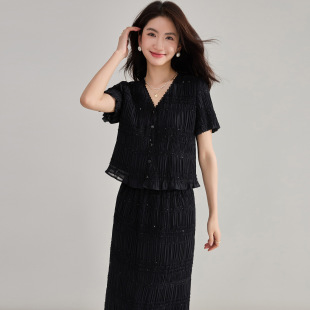 26春夏法式气质V领褶皱木耳边短袖套装温柔甜美上衣半裙