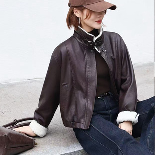 26秋冬复古美拉德加绒立领短皮衣外套女美式机车羊羔毛夹克