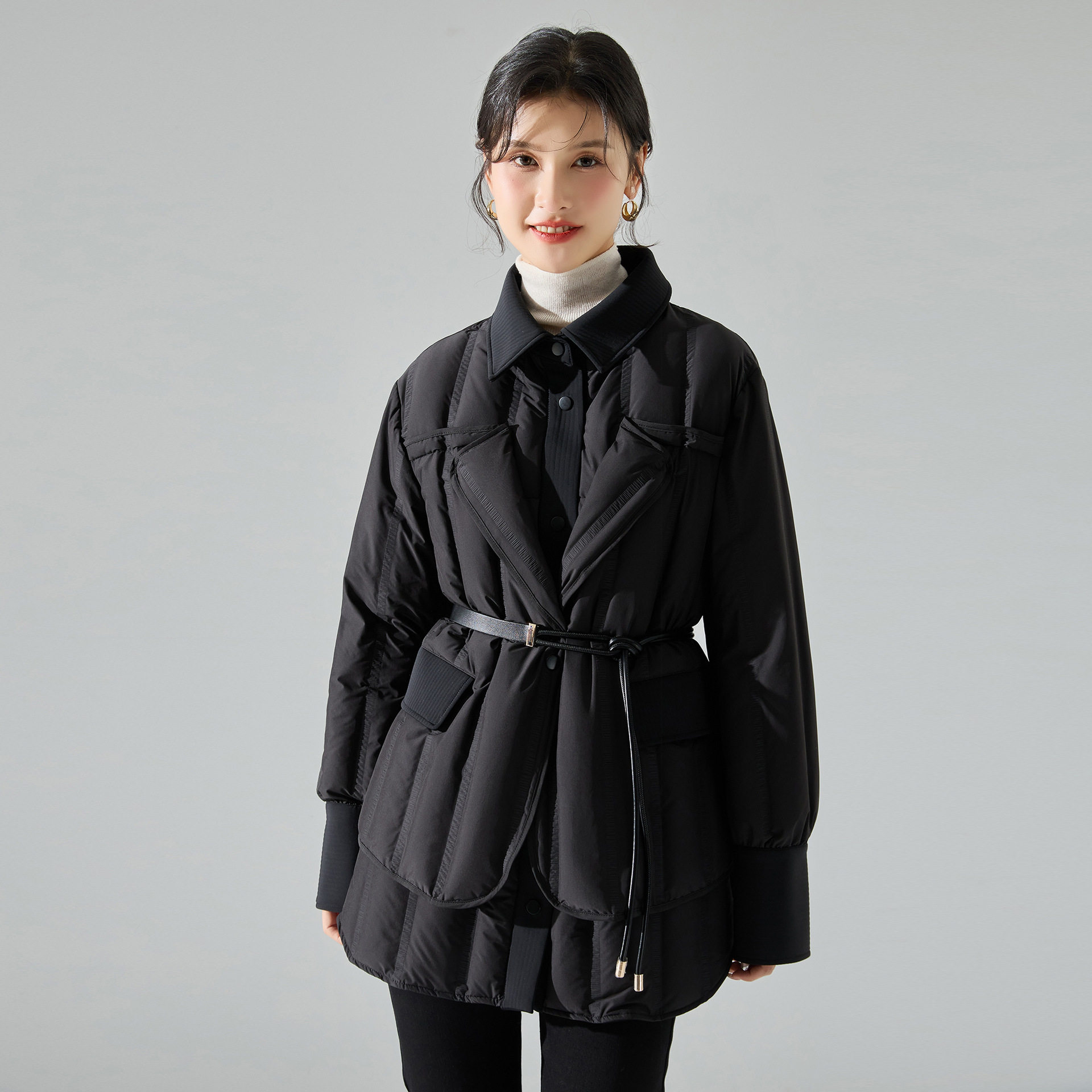 23冬季高级感系带收腰显瘦假两件中长款加厚羽绒服90白鸭绒外套女