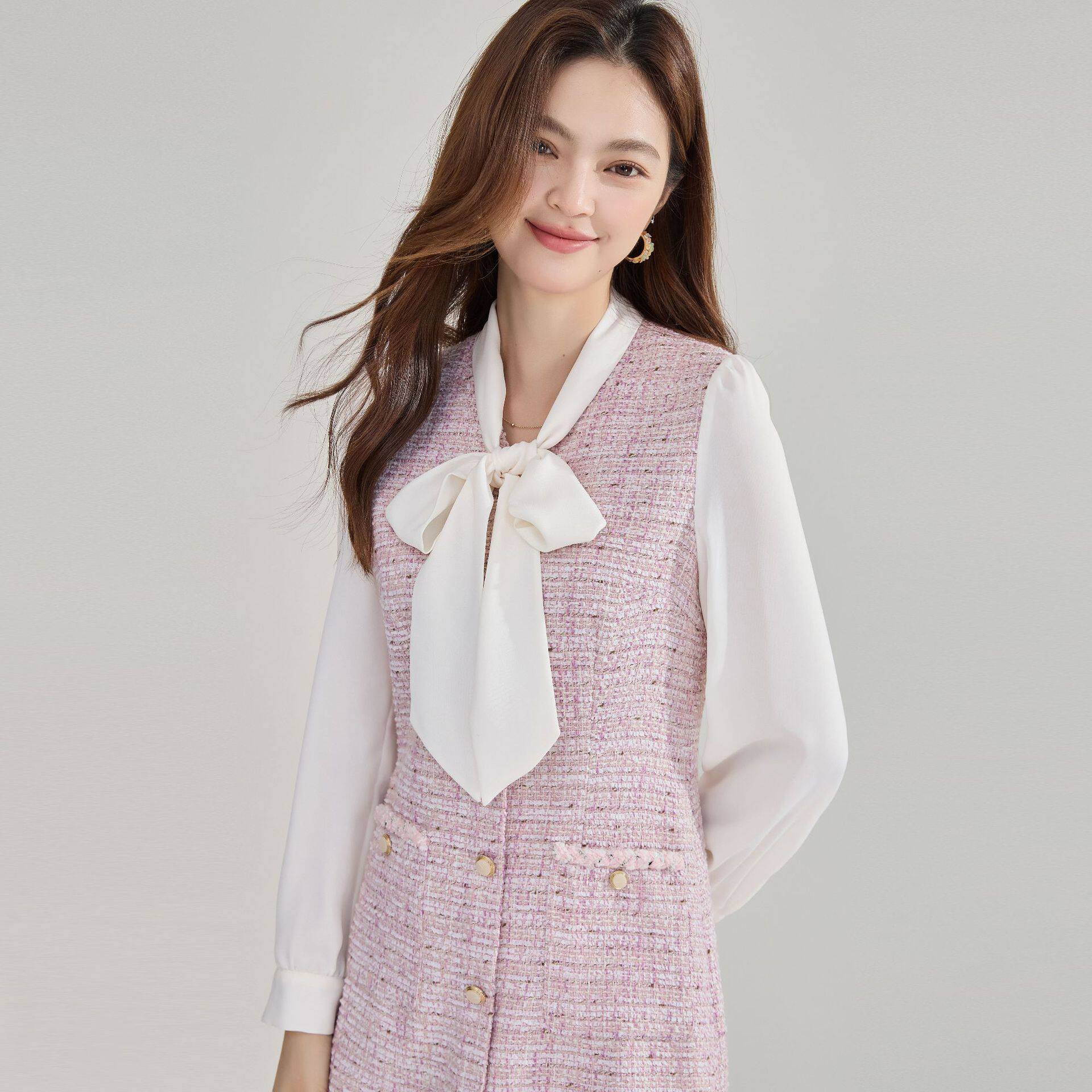 26春季法式小香风假两件连衣裙气质通勤拼接飘带领收腰裙子女