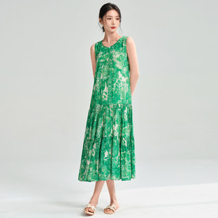 连衣裙 绿色印花大裙摆背心裙度假风无袖 2025夏季 绿野仙踪